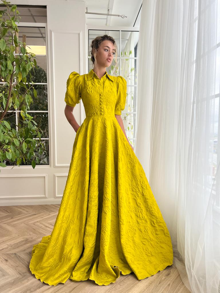 Beaded Halter V Neck Gold Yellow Split Prom Dress - Promfy